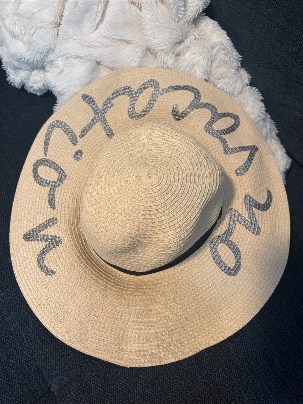 Wide Brim Straw Sun Hat - 'On Vacay' Black Script